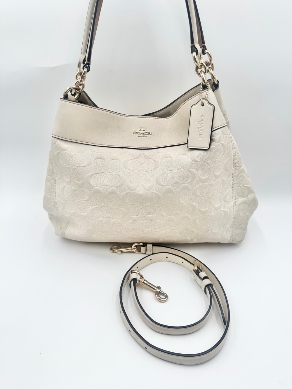 Coach Cream Embossed Signature Leather Shoulder Bag with Removable Strap